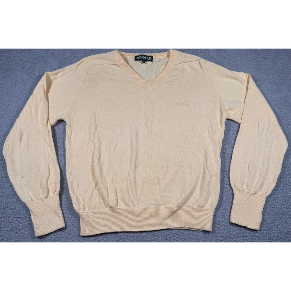 Vintage Land Rover Gear Mens XL Yellow Cotton Knit V Neck Pullover Sweater Logo